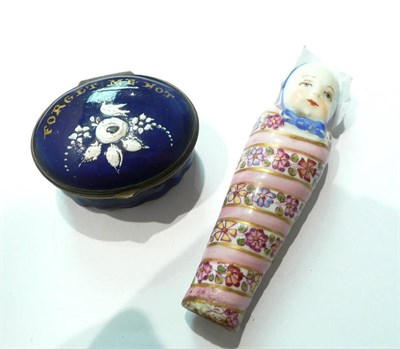 Lot 93 - Blue enamel 'forget me not' patch box and a wiklekind (a German porcelain baby)