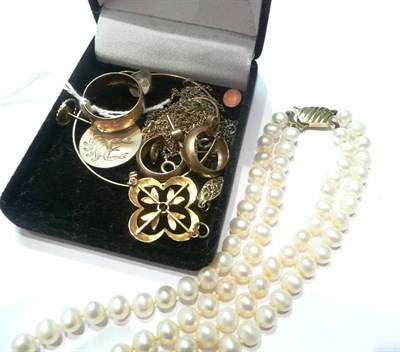 Lot 95 - A double row cultured pearl necklace, a 9ct gold band ring, a pair of earrings, a pendant and...