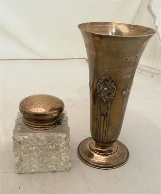 Lot 125 - A silver flower vase and a glass ink well with silver hinged lid