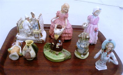 Lot 128 - Two Royal Doulton small figures Tinkle Bell and Rose, German fairing, Beswick Kitty McBride...
