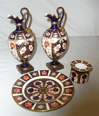 Lot 156 - A pair of Royal Crown Derby ewers (a.f.), a Crown Derby Imari plate (a.f.) and hair tidy
