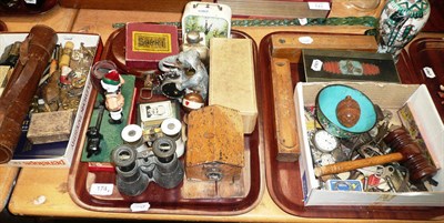 Lot 174 - Two trays and a box of mixed collectables including a telescope, vestas, whistles, cap badges,...