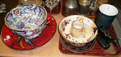 Lot 183 - A Coalport Hong Kong pattern bowl, an Japan pedestal pattern bowl, cow creamer, relief moulded jug