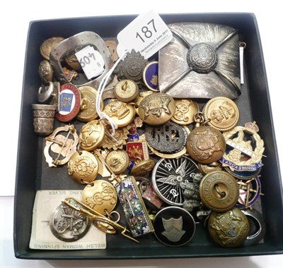 Lot 187 - A quantity of military and souvenir enamelled badges, buttons, a silver thimble by Charles...