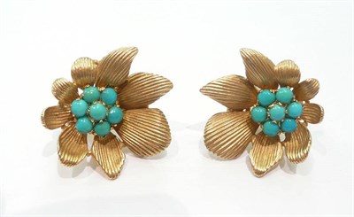 Lot 193 - A pair of 18ct gold turquoise flower motif earrings