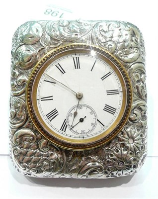 Lot 198 - A silver mounted travel clock, cased (a.f.)