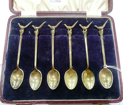 Lot 199 - Six silver teaspoons with pheasant knops by Swain and Edney