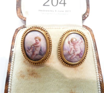 Lot 204 - A pair of porcelain painted earrings, boxed