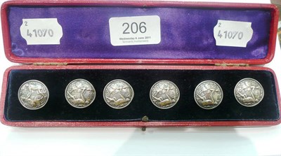 Lot 206 - A cased set of six buttons stamped .925