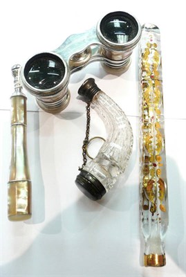 Lot 207 - Pair of mother of pearl opera glasses, Victorian gilt painted scent bottle and a horn shaped...