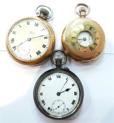 Lot 216 - A Continental 14ct gold half hunter cased, a silver cased pocket watch and a plated pocket watch