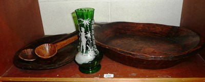 Lot 234 - A green glass vase with Mary Gregory type enamelled decoration and two treen curd bowls and spoons