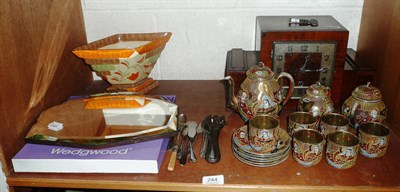 Lot 244 - Art Deco mantel clock, boxed Wedgwood plate, Mycroft posy holder, mirror, plated flatware, Japanese