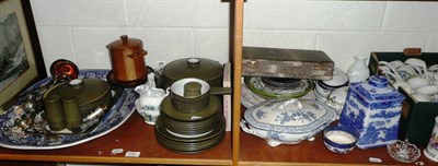 Lot 245 - Two shelves of decorative ceramics and ornamental items including soup and sauce ladles, Denby...