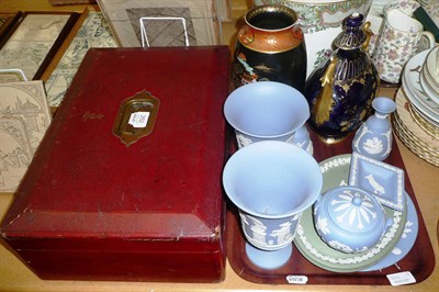 Lot 252 - A Carlton ware chinoiserie decorated vase, Wedgwood Jasper ware, red leather clad box etc