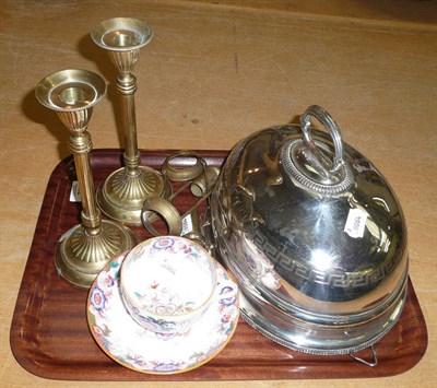 Lot 262 - Pair of brass candlesticks, Coalport cup and saucer and a plated meat cover
