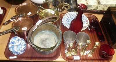 Lot 273 - Two copper pans, a brass table lamp, a pestle and mortar, door stop etc