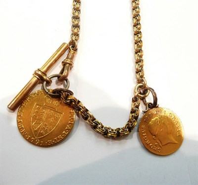 Lot 289 - 10ct gold fancy link watch chain hung with two George III gold coins - pierced