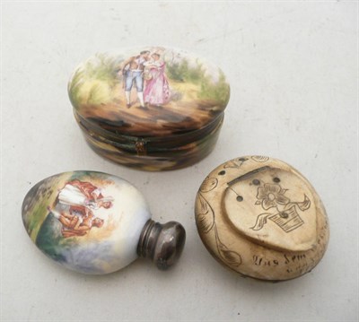 Lot 300 - Continental painted porcelain scent, oval patch box and a carved horn snuff box