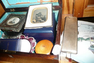 Lot 315 - Rosewood hinged box, small quantity of linen, planter, chamber pot, silver plated items,...