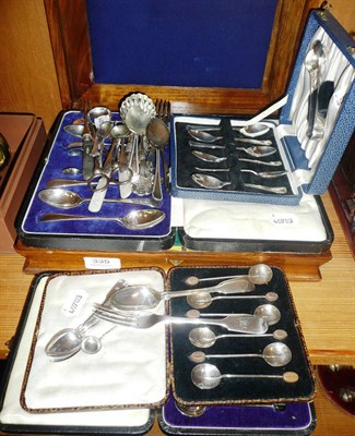 Lot 335 - Two cased silver berry coffee spoons, '800' standard teaspoons, plated flatware etc