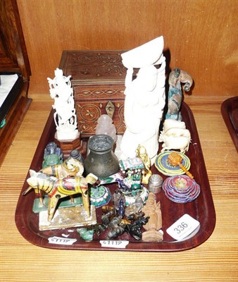 Lot 336 - Quantity of Indian small hardstone carvings, also ivories, enamels, etc and a brass inlaid...