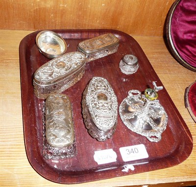 Lot 340 - Silver ring tree, five silver topped glass toilet bottles and a coin dish