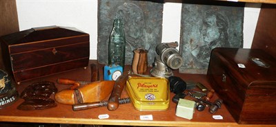 Lot 346 - Shelf of collectables including corkscrews, tea caddy, treen etc