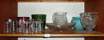 Lot 357 - Three late Victorian Art Pottery flower pots, cut glass vase and jug, set of six cut glass...