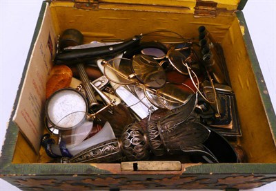 Lot 364 - Box of collectables including a postcard, spectacles, pen knives, fruit knives etc