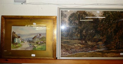 Lot 431 - Watercolour of a stream and a watercolour of a village scene