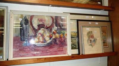 Lot 435 - Two watercolours still lives, a watercolour of an old man and dog, a watercolour of a stream, a...