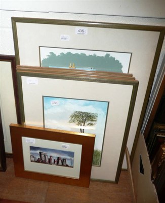 Lot 436 - Four various Tempera sketches by Neil Simone and a watercolour of stone monuments