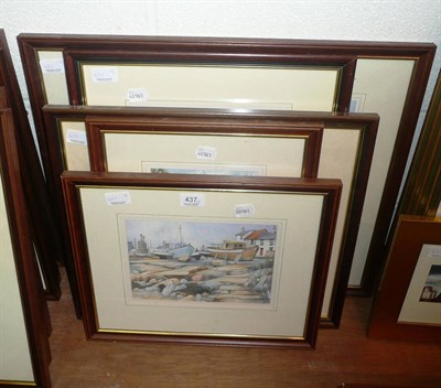 Lot 437 - Five watercolours by Alan Bamford depicting buildings, tugs etc