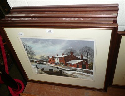 Lot 440 - Seven watercolours by Alan Bamford depicting winter barge scenes