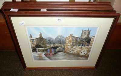 Lot 441 - Five watercolours depicting barges in winter scenes by Alan Bamford