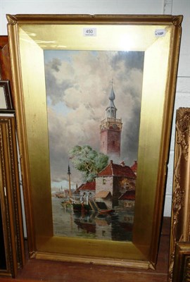 Lot 450 - L Van Staaten, Canal scene with a tower, watercolour