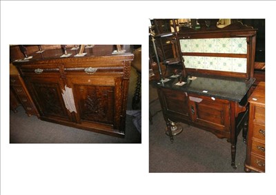 Lot 492 - Oak drop leaf table with barley twist legs, a wash stand and a sideboard