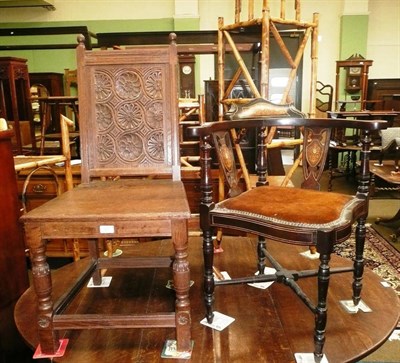 Lot 567 - An oak hall chair and Edwardian inlaid corner chair