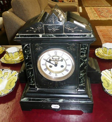 Lot 616 - Black slate mantel clock with marble facings, French movements, Brocol escapement, with...