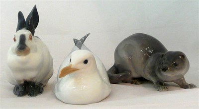 Lot 1 - Three Royal Copenhagen figures of a Dutch rabbit, a seagull and an otter