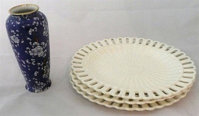 Lot 12 - Three Wedgwood creamware lattice platters and an English blue and white vase