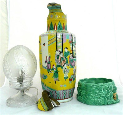 Lot 18 - A Chinese yellow ground vase (a.f.) and a cut glass lamp and a Sylvac bowl