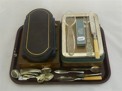 Lot 24 - Five cased sets of cutlery (one silver) and six lobster picks, assorted silver, glass salad...