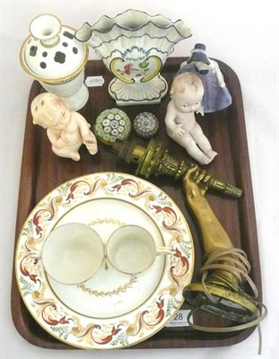 Lot 28 - Tray of 19th century and later china, piano babies, glass paperweights, a brass wall lamp etc