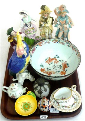 Lot 31 - A Chinese enamelled bowl, a Burleyware bowl, a Chinese teapot, Dresden sauce boats, stand,...
