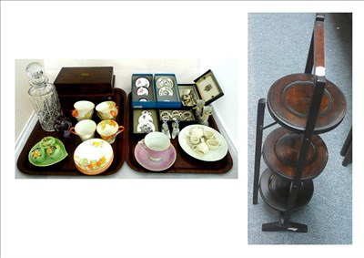 Lot 35 - Two trays including Rosewood box, miniature china, Shelley china, two deeds and cake stand etc