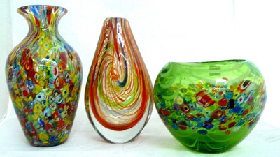 Lot 42 - Three multicoloured glass vases in the Murano style manufactured in China