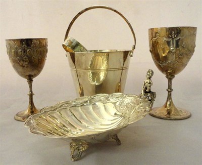 Lot 70 - A Continental white metal shell shaped dish; a Mappin & Webb ice bucket and tongs and two...