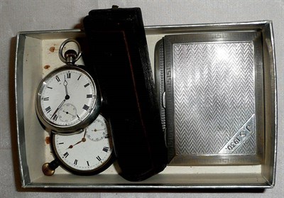 Lot 99 - Two silver cigarette cases, silver pocket watch, pocket watch and two tie pins